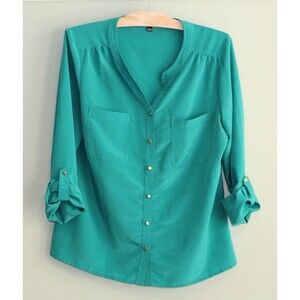 Notations Womens Button-Down Shirt Green Large Long Sleeve roll up with pockets